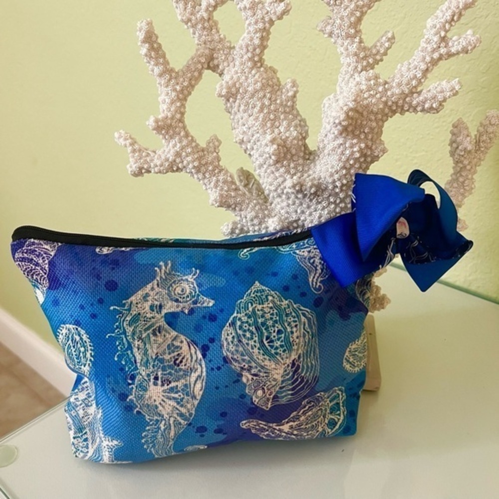 Victoria Leland Designs Blue Sea Life Print Pouch with Bow